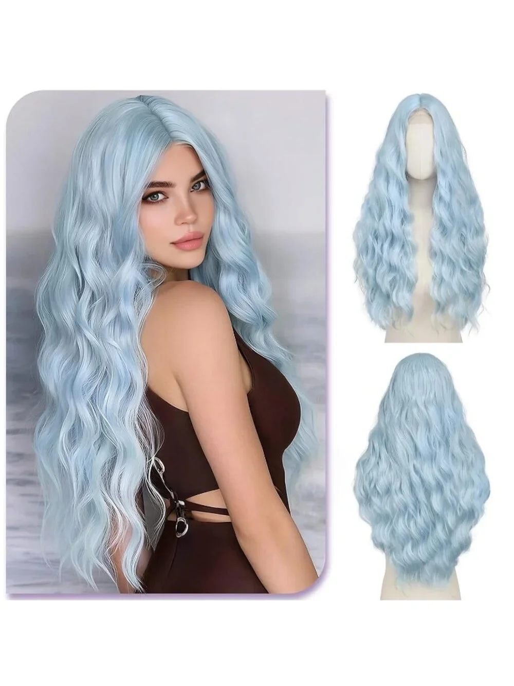 Women's Light Blue 28 Inch Lace Front Soft Synthetic Long Wavy Curly Wigs